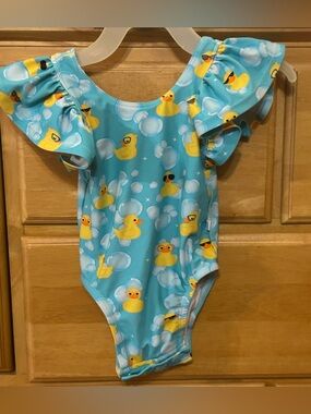 Posh Peanut Girl's One-Piece Swimsuit w/Rubber Duck Print Size 6-12 Months EUC